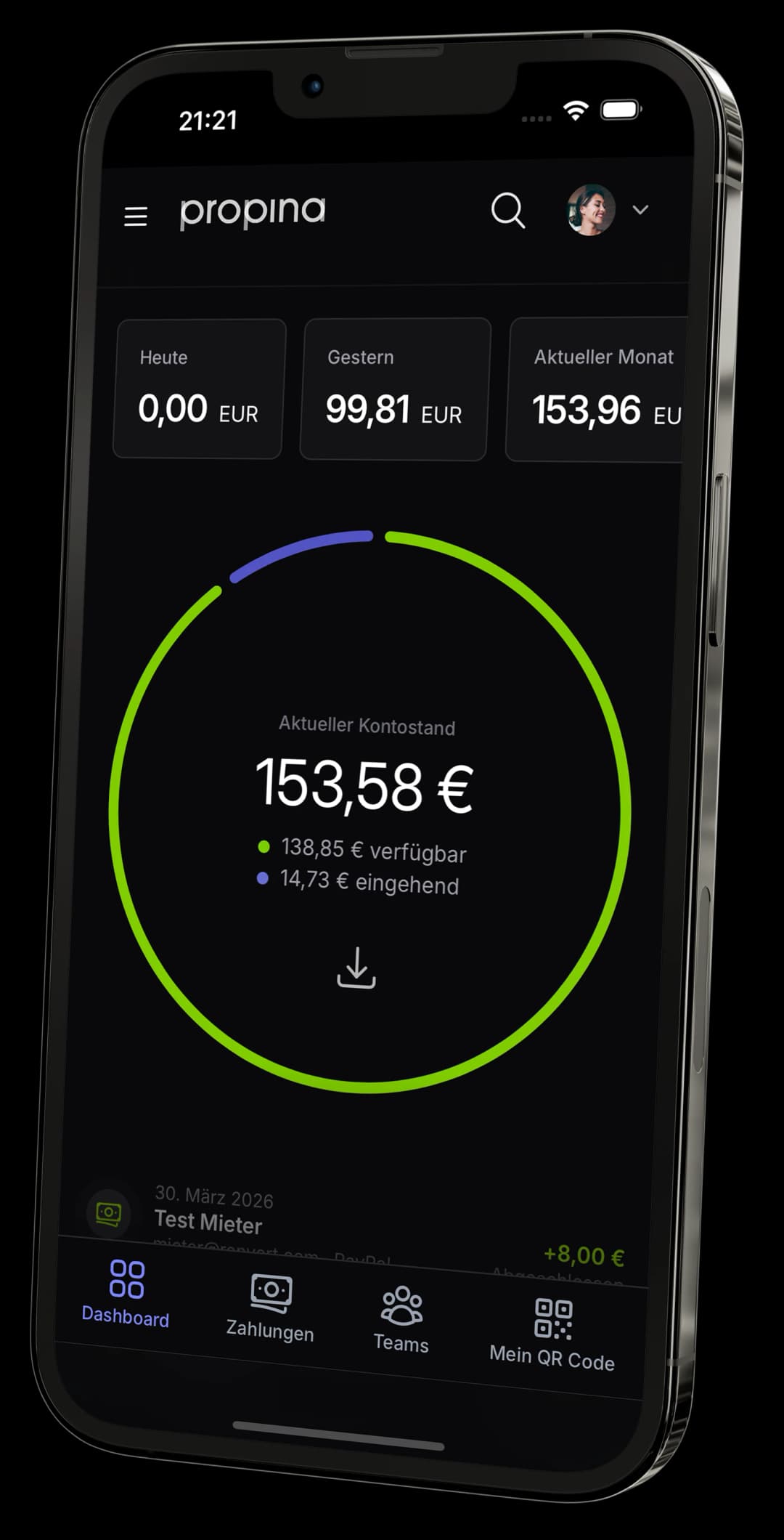 Example mobile dashboard screenshot